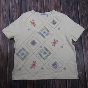 Keneth Too! Shirt Womens L White Floral Embroidered Short Sleeve Granny Core